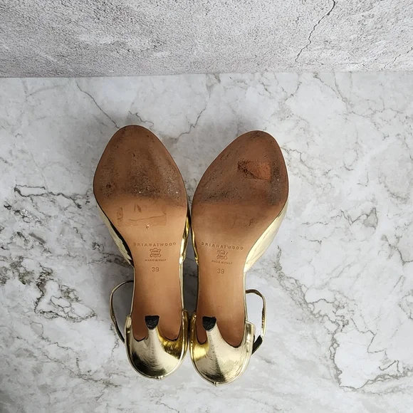 Brian Atwood. Gold Metallic Leather, T Strap Pumps Heels - Picture 10 of 16